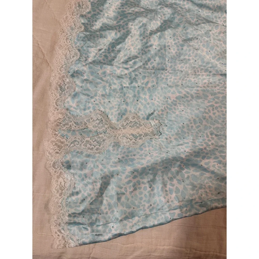 Victorias Secret Blue Leopard Satin Lace Trim Slip Dress Med Rhinestone Nighty